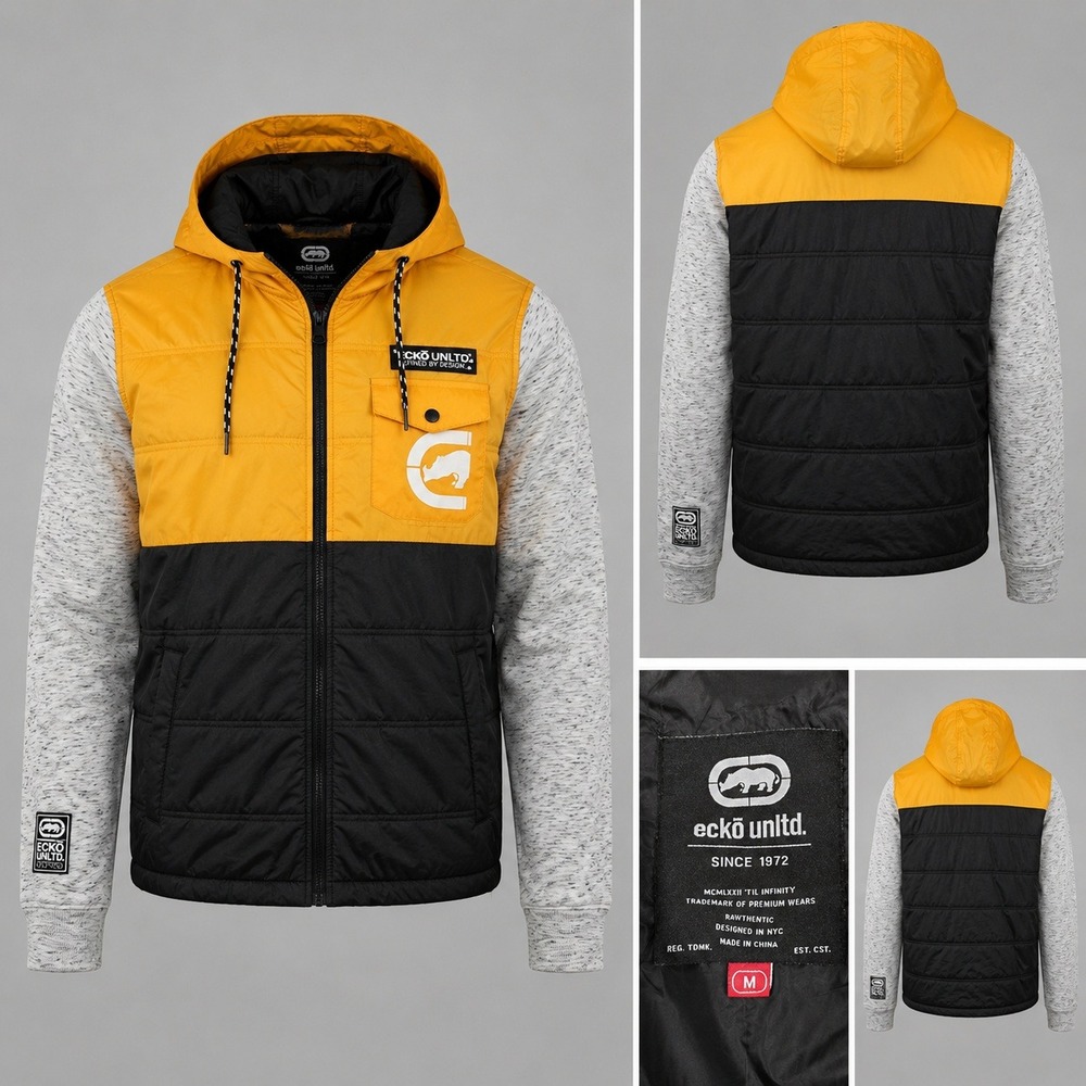 Ecko Unltd Puffer Jacket Mens M Yellow Black Grey Excellent Colorblock‎ Hooded